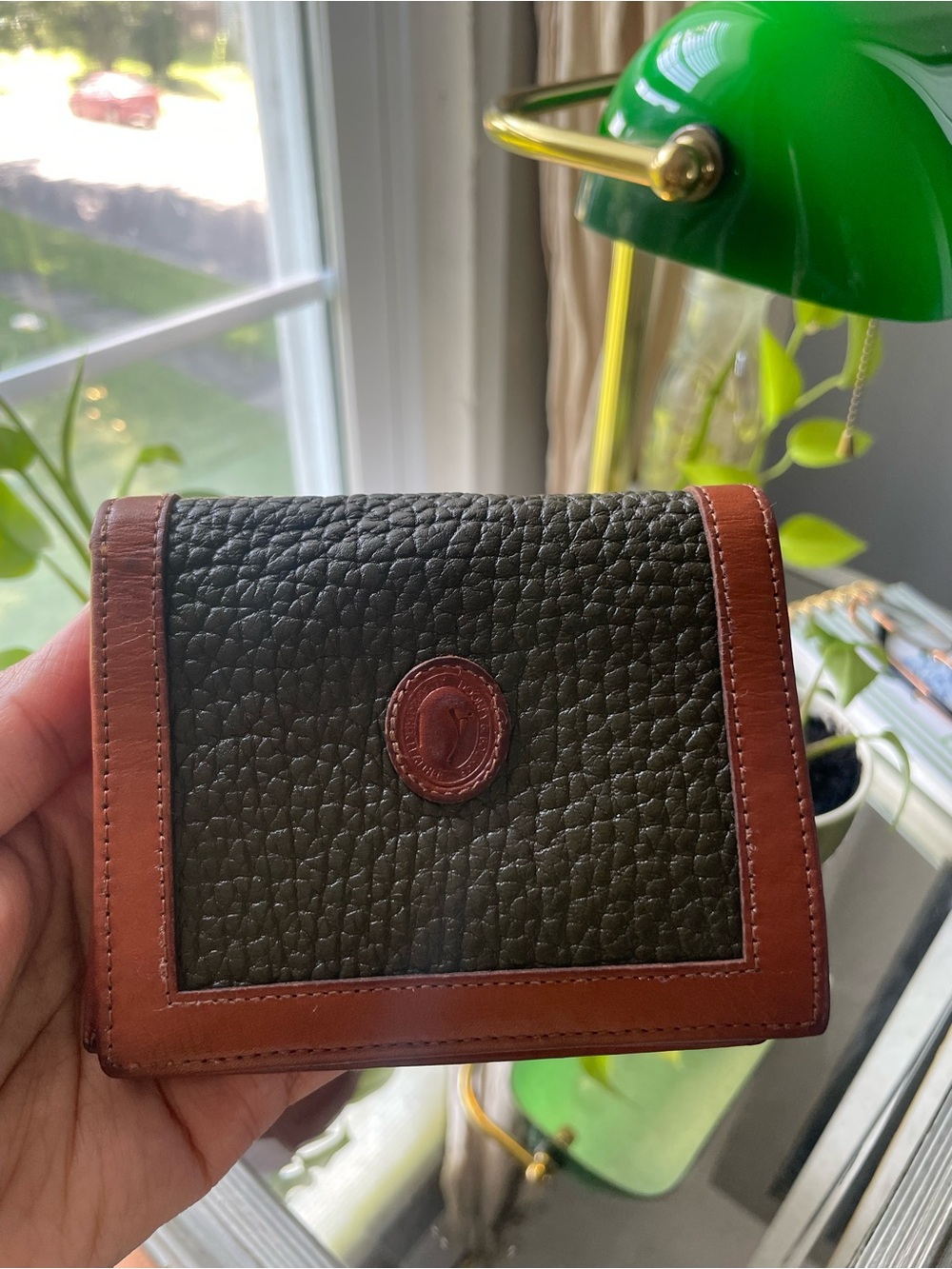 Dooney & Bourke Olive Green Pebbled Leather Wallet with British Tan Trim Vintage